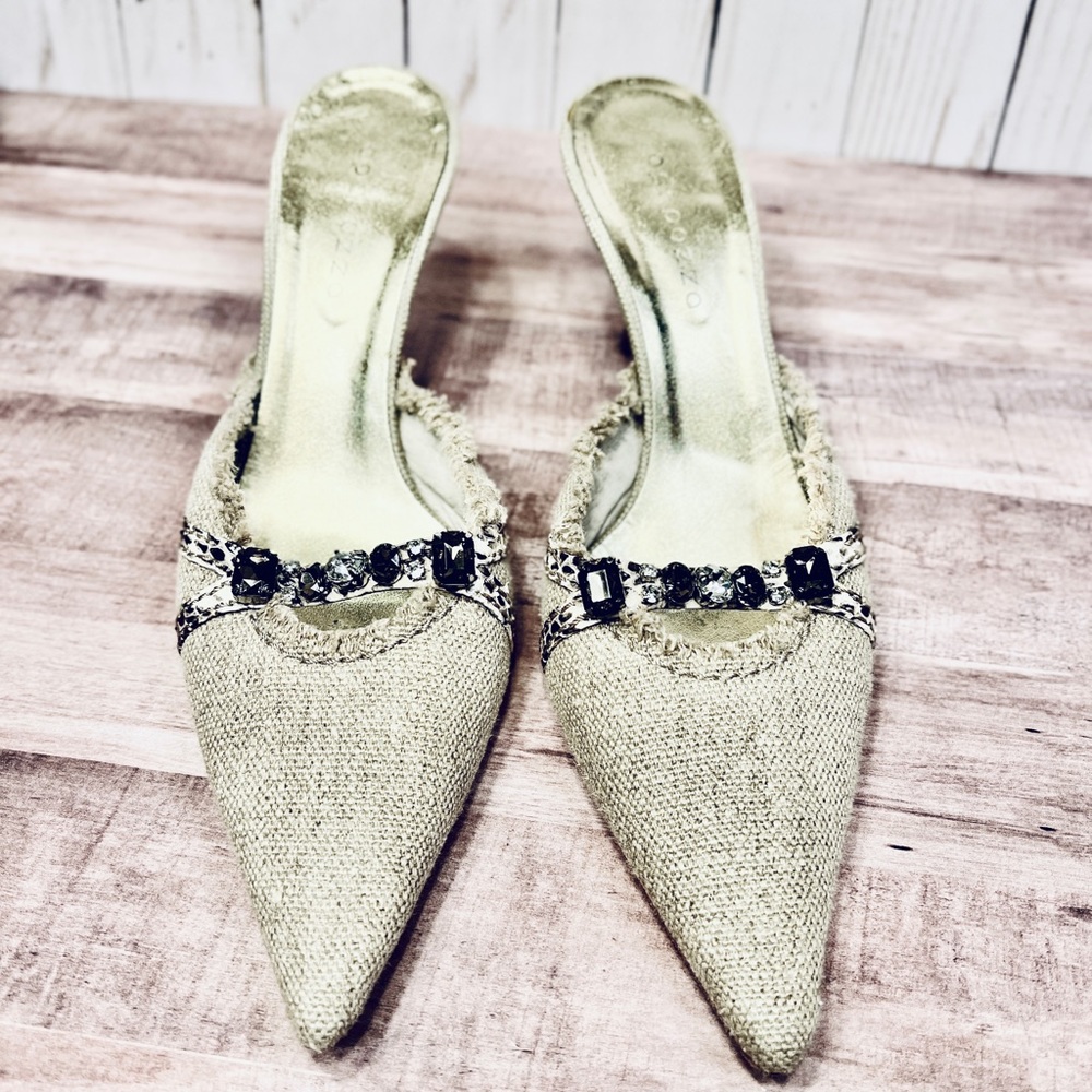 Apepazza Kitten Heel Mules, Linen adorned with snakeskin & crystal details  8.5